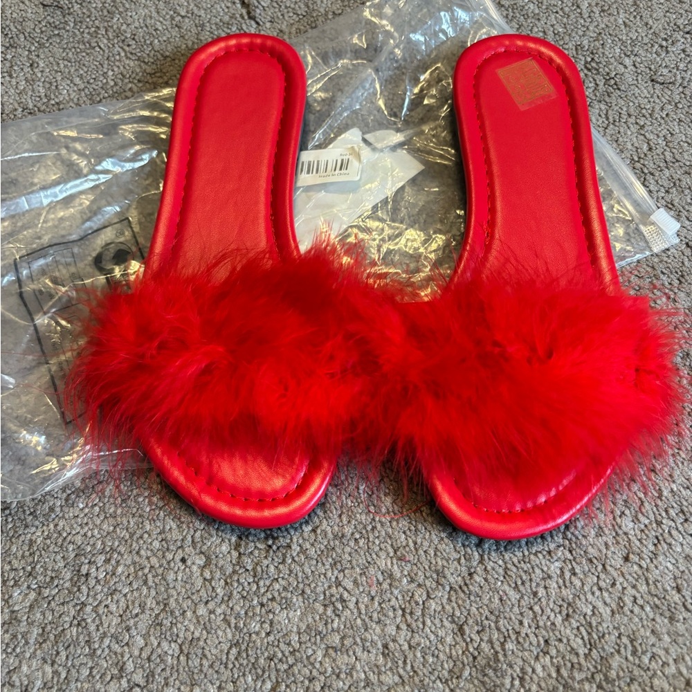 Red Fuzzy Slide Sandals - Picture 3 of 3